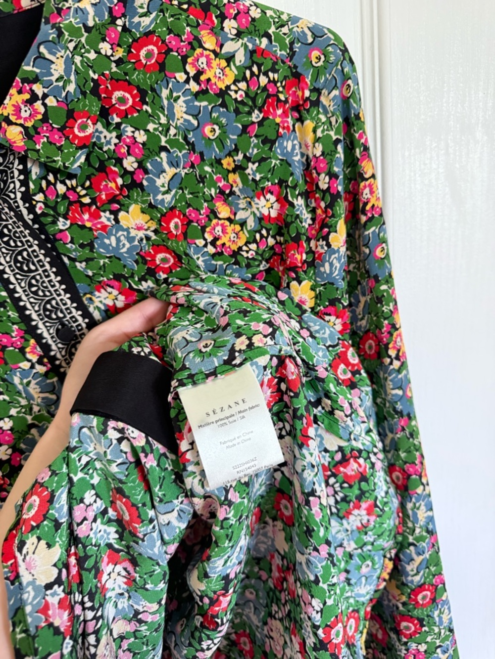 Sezane Green Floral Button-Up Blouse with Pink and Yellow Accents - Picture 6 of 7